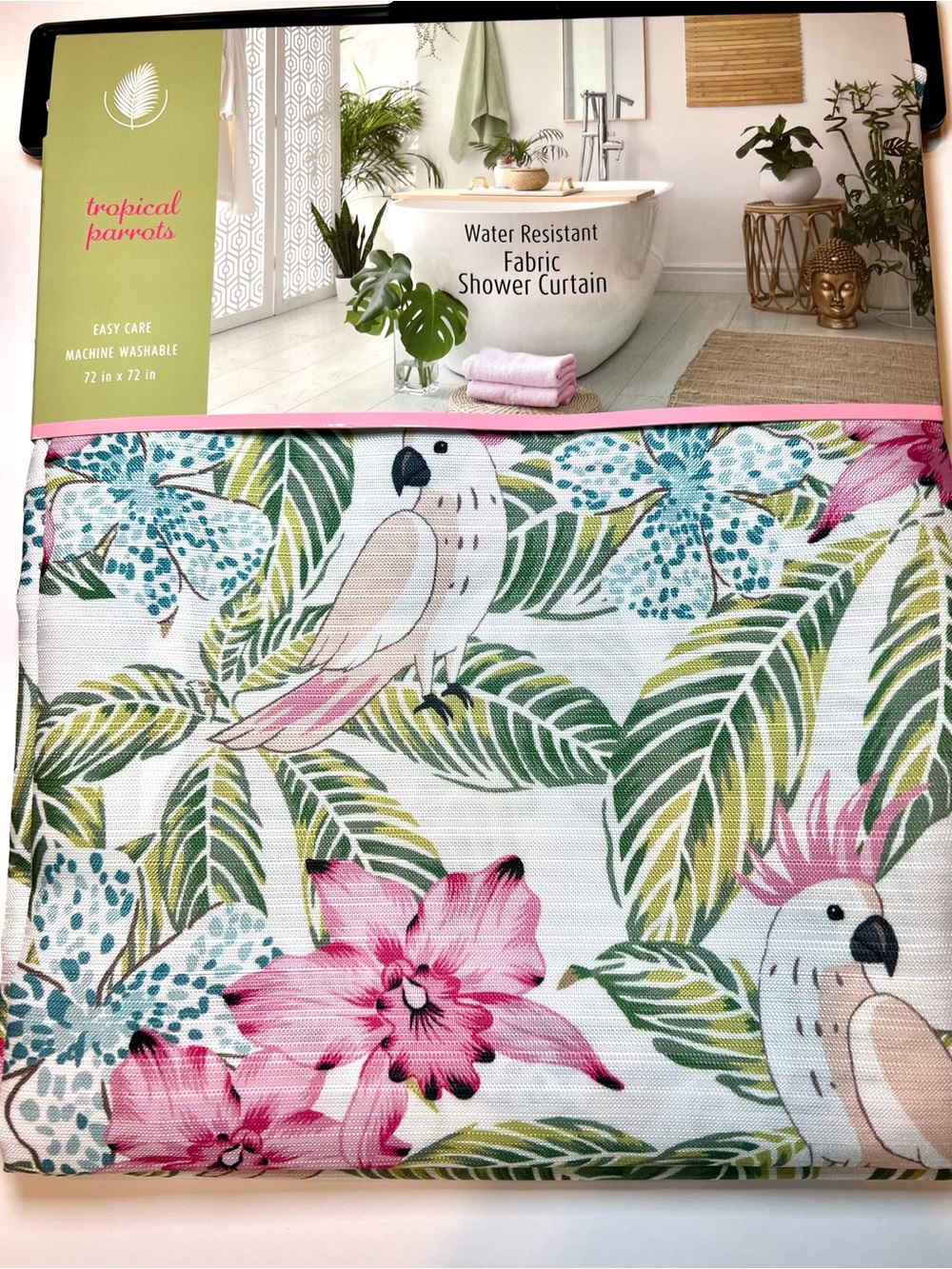 Tropical Parrots Fabric Shower Curtain Pink Blue Green Flowers Leaves Birds